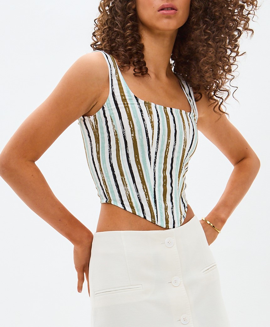 Корсет топ Бритни на шнуровке из льна цветной в вертикальную полоску